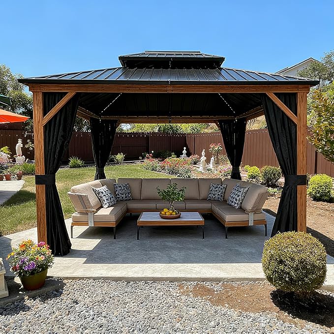 PURPLE LEAF 10' X 12' Hardtop Gazebo Outdoor Wood Grain Aluminum Frame Galvanized Steel Double Roof Gazebos with Netting and Curtains for Patio Deck Backyard Garden