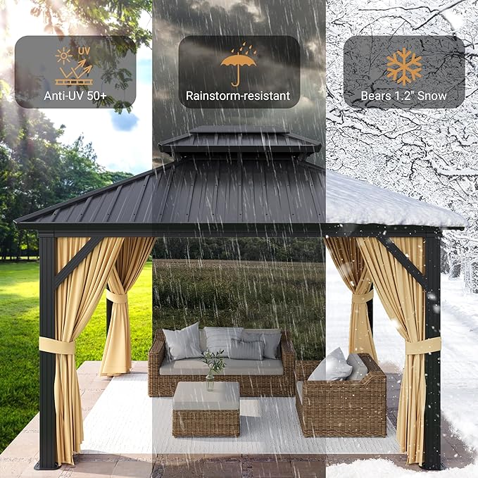 10x12 ft Hardtop Gazebo with Double Roof, Outdoor Heavy Duty Aluminum Gazebo with Netting, All-Weather Protection Metal Canopy for Patio, Garden, Poolside, Poolside (Khaki)