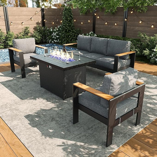 LayinSun 4 Piece Aluminum Outdoor Furniture Set with Fire Pit Table, Outside Patio Deep Seating Conversation Set with Upgraded Washable Thick Cushion
