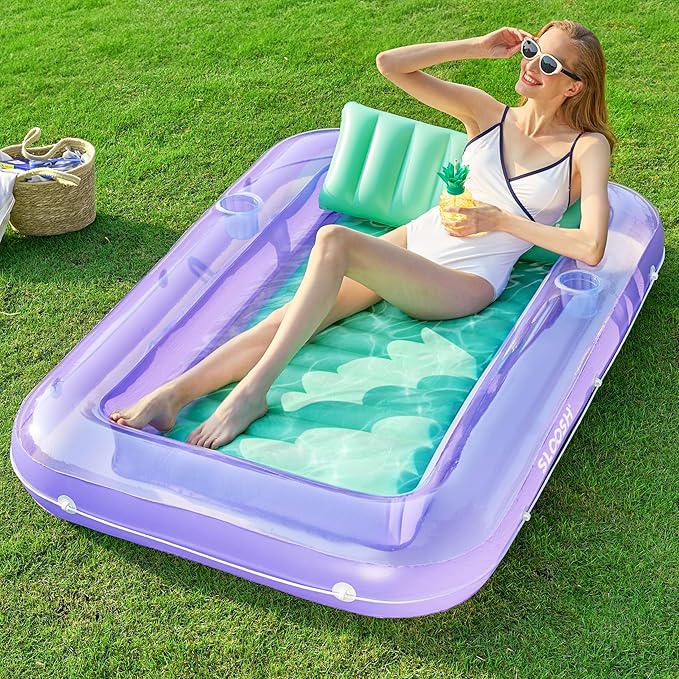 SLOOSH Inflatable Tanning Pool Lounger Float, 70" x 46" Pool Floats Adult with Pillow, 4 in 1 Suntan Tub Raft Floatie,Sunbathing Bed Lounge for Water Blow Up Kids Ball Pit Party Gifts, L-Purple Green