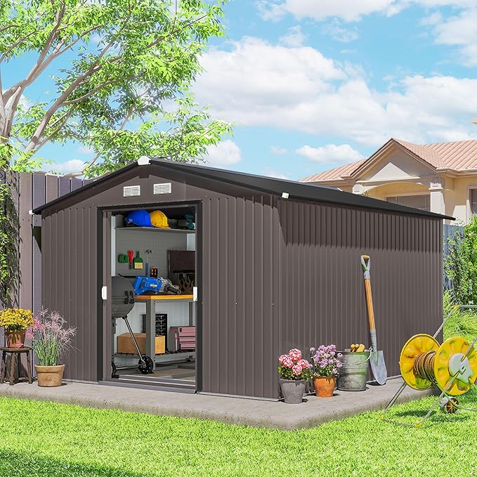Outsunny 11' x 9' Outdoor Storage Shed, Garden Tool Metal Shed with Foundation Kit, Double Lockable Door, Air Vents and Sloping Roof, for Backyard, Patio, Lawn, Brown