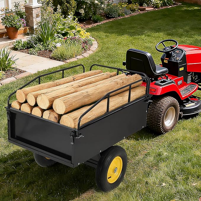 500LBS Heavy Duty Tow Behind ATV Trailer, Steel Dump Cart, Garden Utility Trailer with Removable Tailgate for Riding Lawn Mower Tractor, Black
