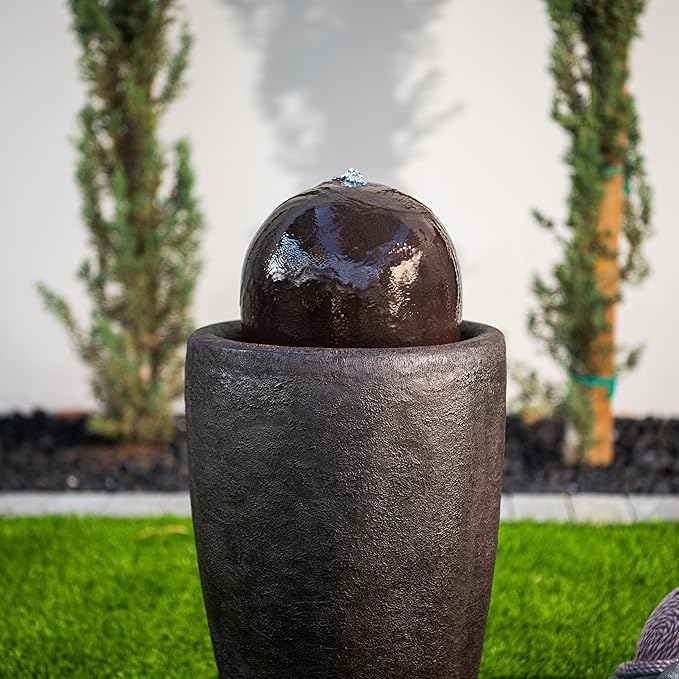 XBrand 25.98" H Round Stone Indoor/Outdoor Modern Stone Textured Sphere Water Fountain with LED Lights, Ball Fountain Decor for Garden, Patio, Outdoor, Brown