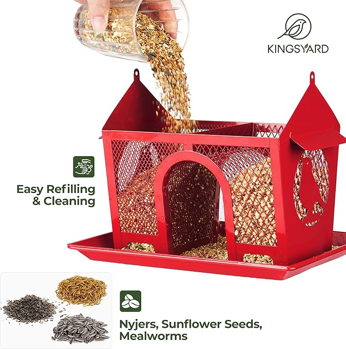 Kingsyard Metal Bird Feeders for Outdoors Hanging, Wild Bird Feeder with Seed Tray and Weatherproof Roof, 3 lbs Seed Capacity, Red
