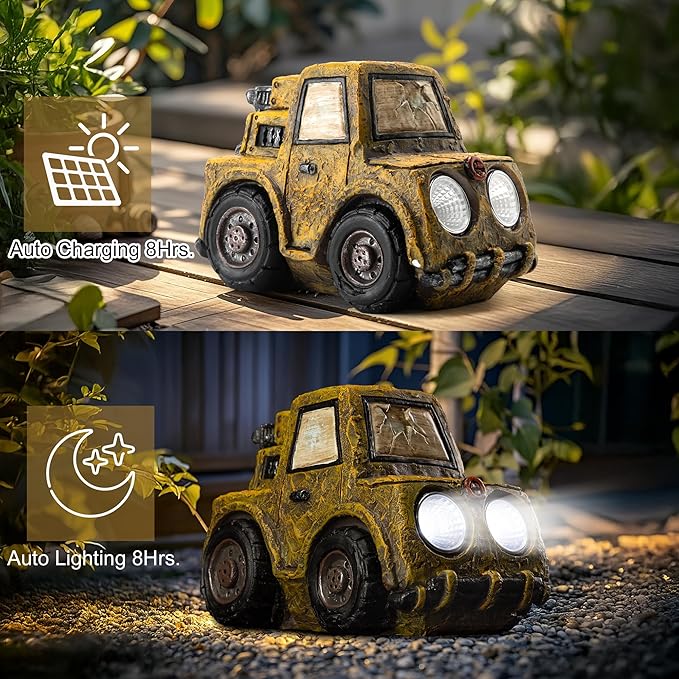 Garden Statue Outdoor Solar Car Decor with LED Light Vintage Resin Sculpture Construction Vehicle Rustic Decoration for Lawn Patio Yard Gifts for Women