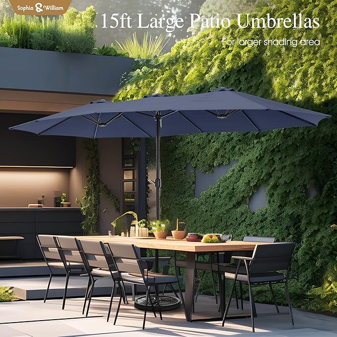 Sophia & William 15 ft Extra Large Patio Umbrella with Base Included, Rectangular Outdoor Umbrella Heavy Duty, Market Umbrella Double-sided Fade Resistant for Pool Garden Backyard, Navy Blue