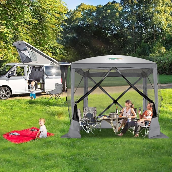 COBIZI 6x6 Pop up Gazebo Tent, Ez up Waterproof Screen Tent Screen House, Portable Outdoor Canopy Sun Shelter with Carry Bag & Ground Stakes for Camping, Garden and Picnics, Gray(Upgraded 2.0)