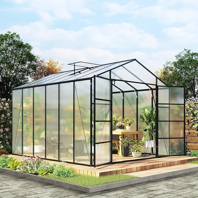 10*12*8.7FT Greenhouse for Outdoors,Polycarbonate Greenhouse with Stronger Wind Protection and Roof Vent,Walk-in Large Aluminum Sunroom Winter Proof,Black
