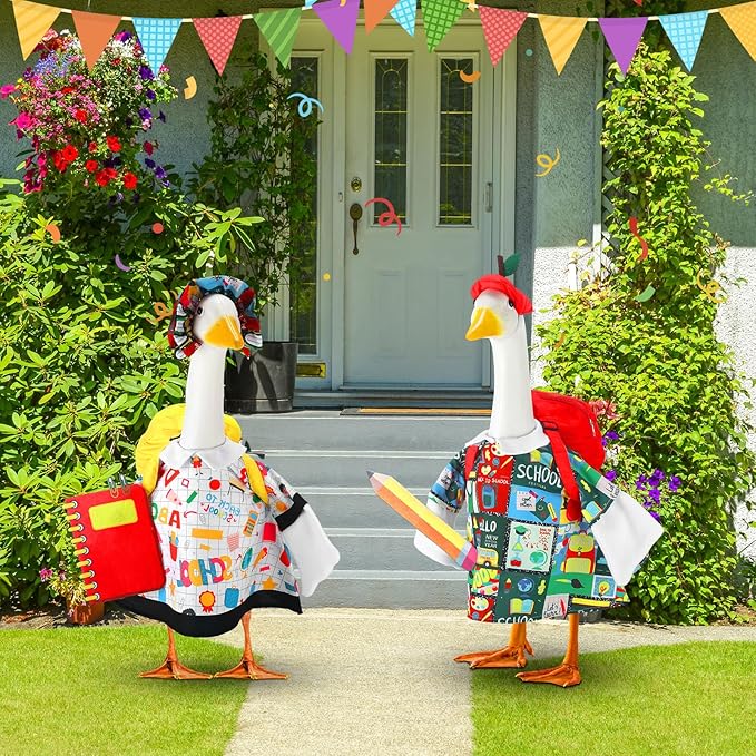 Abbylike Porch Goose Outfits Porch Yard Goose Outfits Clothes Costume Fits Large 23'' Cement for Garden Yard Statue Pathway Decorations(Back to School,2 Set)