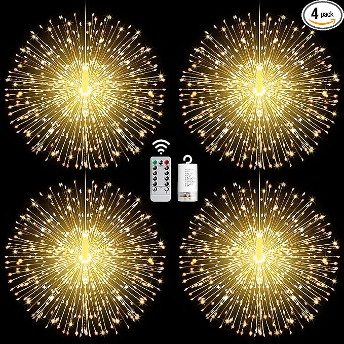 4 Pack String Lights - 225 LED 8 Modes Dimmable with Remote Control, Waterproof Copper Wire Decorative Hanging Bursting Star Lights for Party, Patio, Garden Decoration (Warm White)