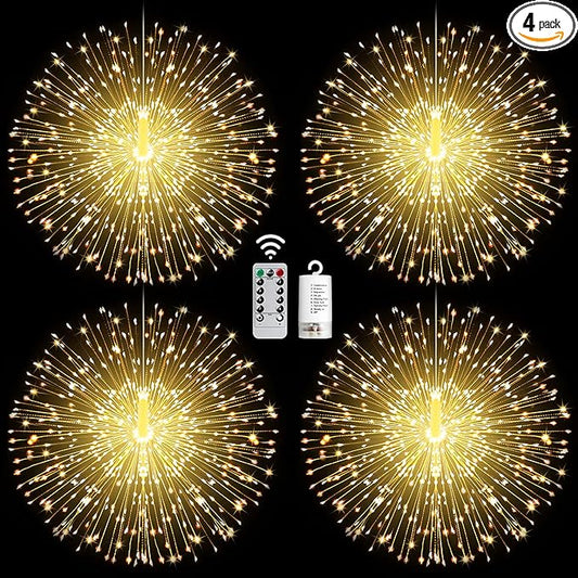 4 Pack String Lights - 225 LED 8 Modes Dimmable with Remote Control, Waterproof Copper Wire Decorative Hanging Bursting Star Lights for Party, Patio, Garden Decoration (Warm White)