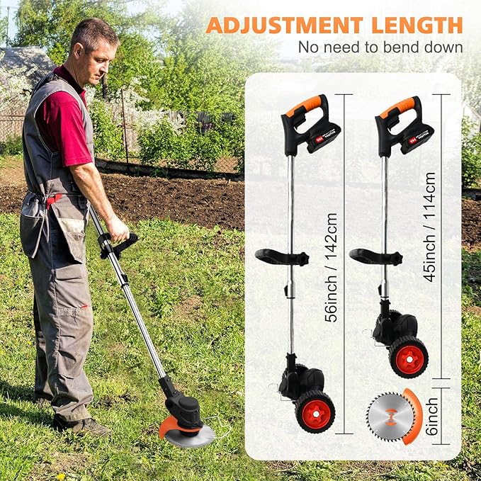 24V Electric Weed Wacker, Cordless String Trimmers with 2 Batteries & Charger, 3 in 1 Stringless Brush Cutter/Weed Eater/Edger/Lawn Mower with 3 Types Blade & Wheels for Garden and Yard Lawn