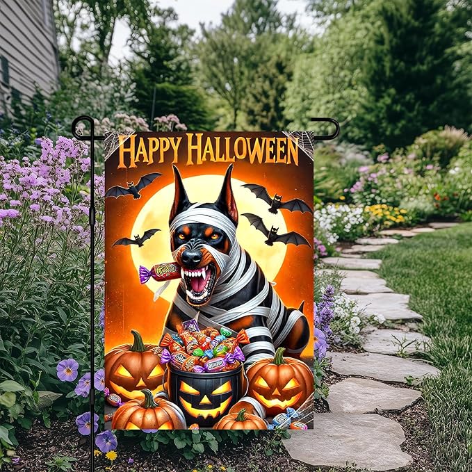 Happy Halloween Garden Flag 12x18 Inch Doberman Mummy Dog Decorative Yard Flag Double Sided Halloween Outdoor Decor Trick or Treat Candy Banner