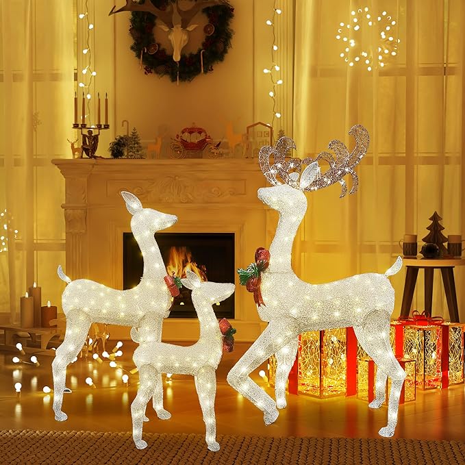 Lamerge Lighted Reindeer Family Set of 3, Christmas Decorative Deer with Red Bow and Ground Stake, Indoor or Outdoor Christmas Holiday Decoration for Yards Lawn Patio -White