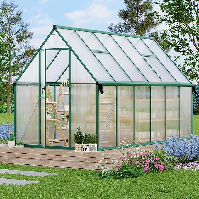 8X12 ft Polycarbonate Greenhouse with Aluminum Frame, Polycarbonate Greenhouse for Outdoors, Greenhouses with Ventilation and Rain Gutter, Aluminum Large Walk-in Greenhouses for Outside