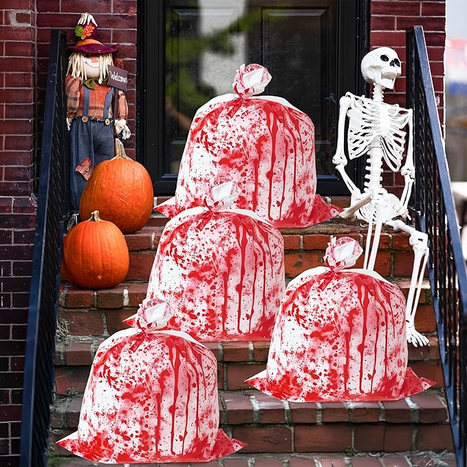 CNhoqc Halloween Lawn Leaf Bags - 4Pcs Halloween Party Bloody Large Trash Garbage Liners Refuse Strong Lawn Yard Waste Trash Bags Ply Heavy Duty Twist Ties Tear Resistant Self Standing Garden Outdoor