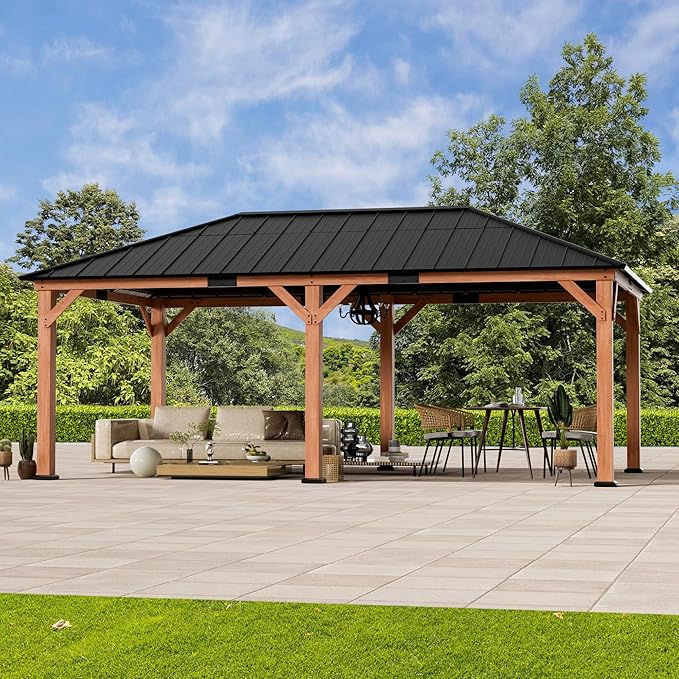 Modern Shade Tranquil Grove Wood Gazebo 12' x 20', Permanent Grill Gazebo with Galvanized Steel Hardtop Roof, Cedar Framed Wooden Pavilion for Garden, Backyard