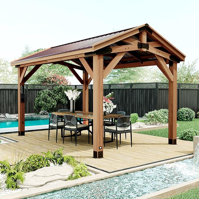 Backyard Discovery Norwood 14' x 10' Cedar Wood Outdoor Gazebo Pavilion with Hardtop Galvanized Steel Peak Roof, Snow Support, Wind Resistance, PowerPort, Shade for Garden, Patio, Deck, Entertaining
