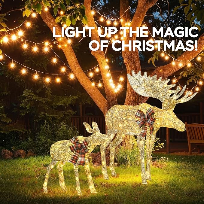 Outdoor Lighted Deer Christmas Decor, Moose & Fawn 2-Piece Set Xmas Holiday Decorations with 170 Warm White LEDs, Champagne Gold Twine, 3D Design, Ground Stakes, for Yards, Garden, Lawn