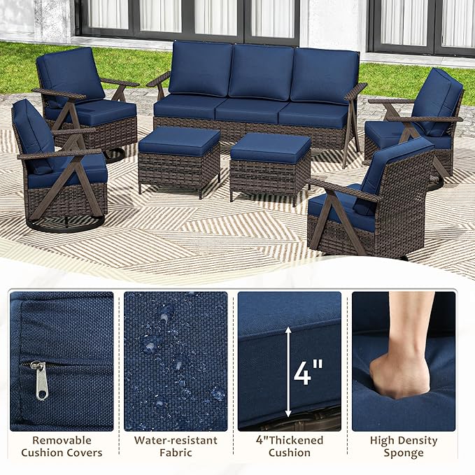 7 Pieces Patio Furniture Set,Outdoor Sofa & High Back Swivel Rocker Patio Chairs, Wicker Conversation Set with Ottoman for Deck Yard and Poolside