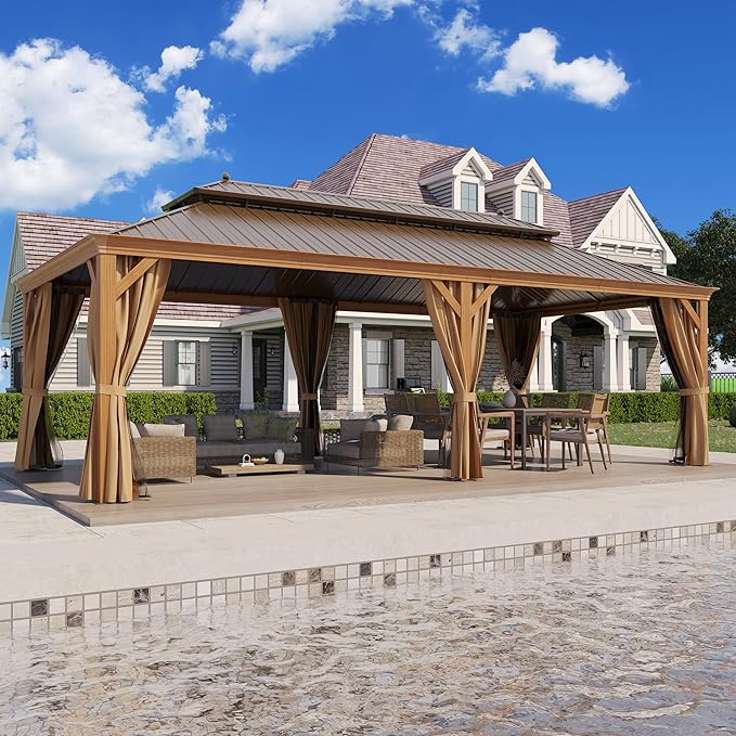 12' X 24' Hardtop Gazebo, Aluminum Wood-Looking Frame Outdoor Permanent Galvanized Steel Double Roof Pavilion Pergola Canopy with Privacy Curtains for Garden, Patio, Backyard, Deck and Lawns.