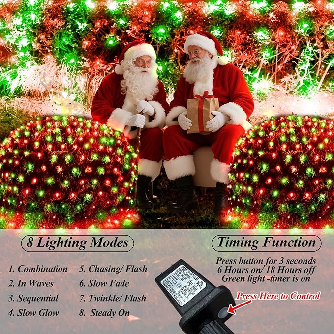 360LED Christmas Net Lights, 21ft x 5ft Mesh Lights Outdoor Green Wire 8 Modes Timer, Waterproof Connectable String Lights for Bushes Xmas Tree Garden Holiday Party Decor - Red Green