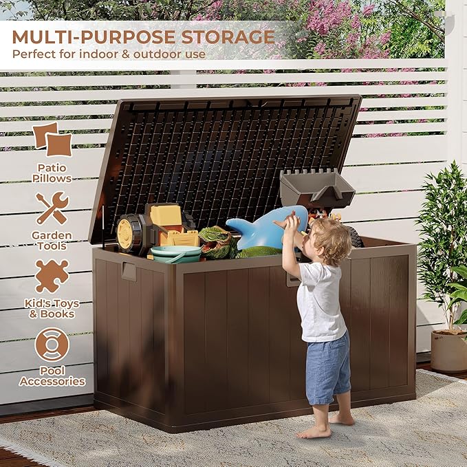 130 gal Brown Resin Deck Box, Outdoor Storage Box Waterproof Lockable, Patio Deck Box For Package Delivery, Outside Storage Box Container for Furniture Cushions, Garden Tools, Pool Accessories