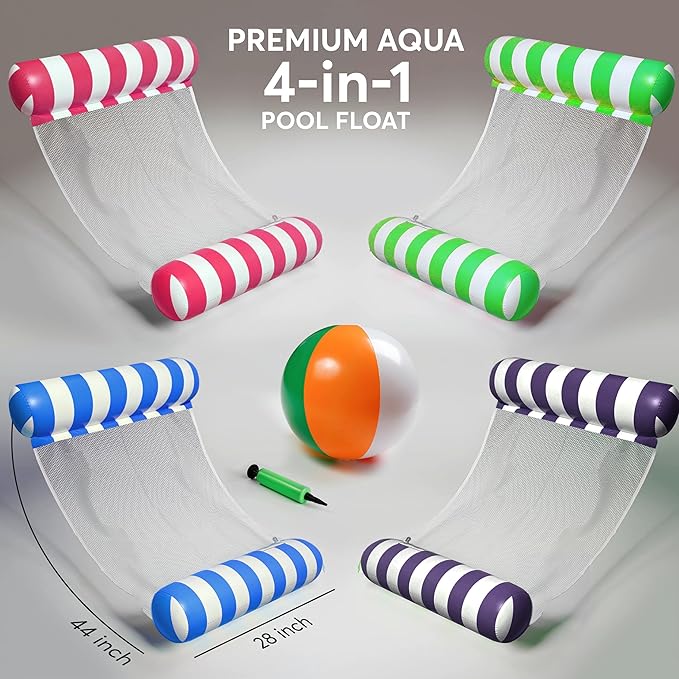 4 Pack Inflatable Pool Hammock Floats with Air Pump and Beach Ball, 4-in-1 Water Hammock Chair, Saddle, Lounge, and Drifter, Adult Size Pool Floaties for Swimming Pool