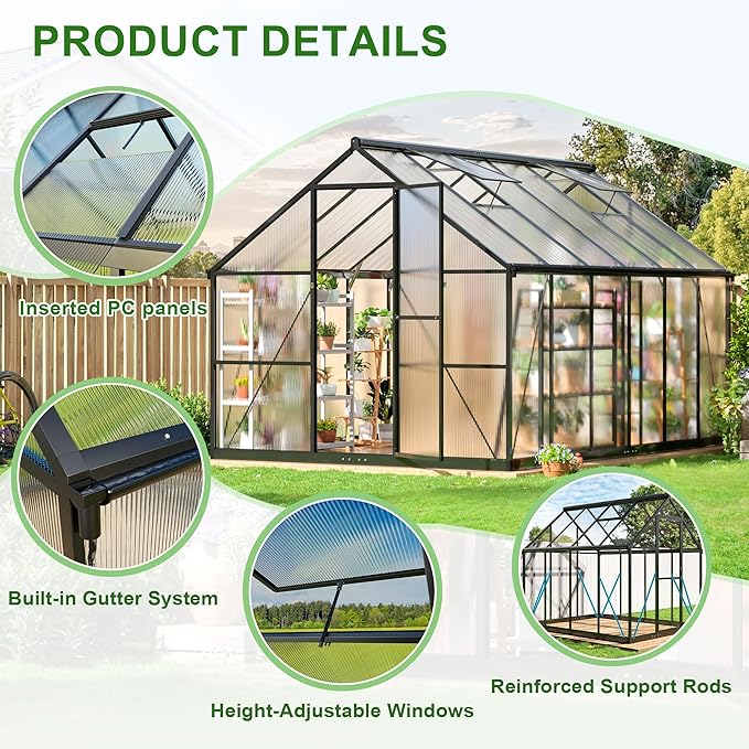 Polar Aurora 8x12 FT Greenhouse, Quick Aluminum Assembly Structure Polycarbonate Greenhouse, Walk-in Greenhouses for Outdoors with Ventilated Windows, Green Houses for Outside Backyard Garden