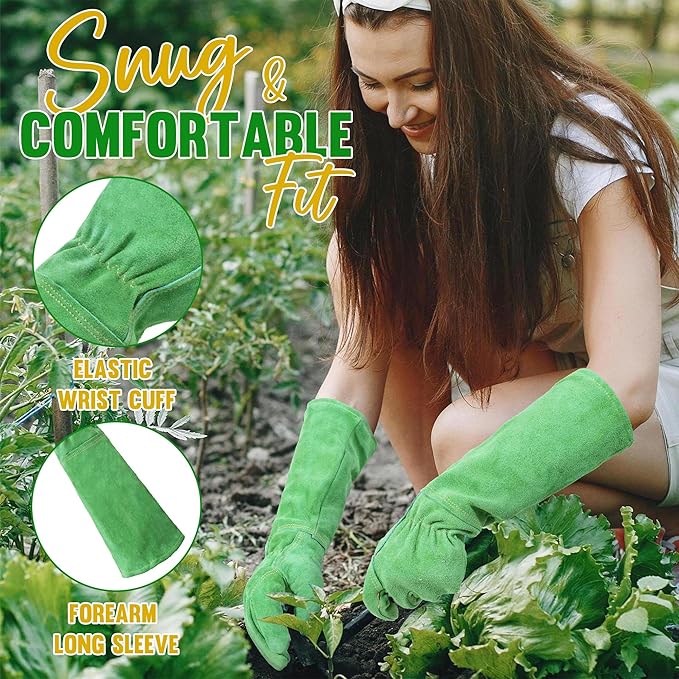 HANDLANDY Leather Gardening Gloves, Thorn Proof Long Gauntlet Heavy Duty Garden Gloves, Elbow Length Rose Pruning Weeding Yard Glove (Medium, Green)