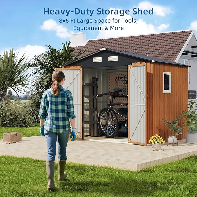 6x8FT Outdoor Storage Shed, Metal Garden Shed with Updated Frame Structure & Lockable Doors, Large Tool Shed for Backyard, Patio,Lawn,Utility & Bike Storage