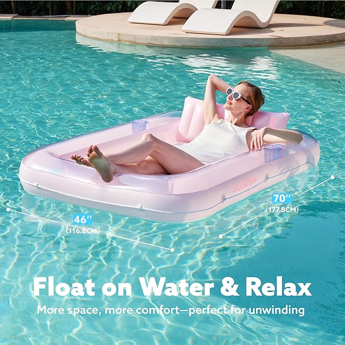 SLOOSH Inflatable Tanning Pool Lounger Float, 70" x 46" Pool Floats Adult with Pillow, 4 in 1 Suntan Tub Raft Floatie,Sunbathing Bed Lounge for Water Blow Up Kids Ball Pit Party Gifts, L-Purple Pink