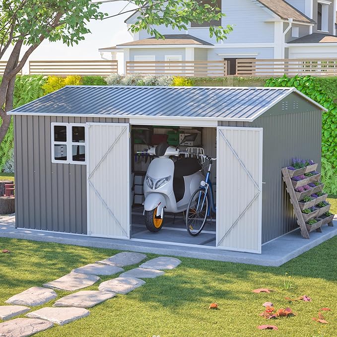 12x10 FT Shed Outdoor Storage Metal Large Garden Tool Sheds with Window Lockable Doors Sloping Roof Floor Frame Waterproof Steel Utility Equipment Shed for Backyard Patio Lawn Poolside, Grey