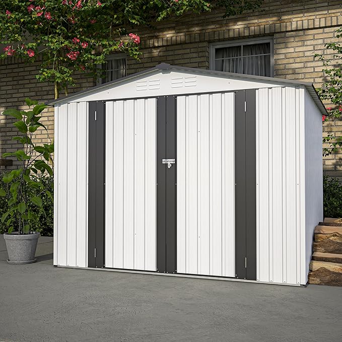 Spacious 8 x 6 ft Outdoor Storage Shed, All Weather Metal Sheds with 2 Lockable Doors, Tool Shed for Garden, Backyard, Lawn,White