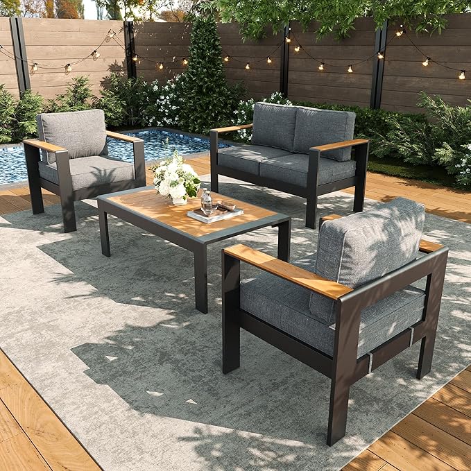 LayinSun 4 Piece Aluminum Outdoor Furniture Set with Coffee Table, Outside Patio Deep Seating Conversation Set with Upgraded Washable Thick Cushion