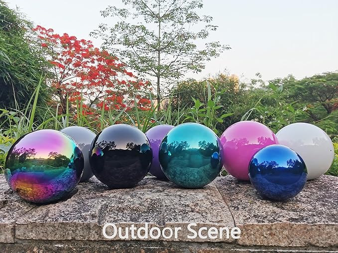 Purple Gazing Globe Mirror Ball in Stainless Steel, Shiny Hollow Sphere Sparkling Housewarming Outdoor Party Ornament (Purple, 8 inches)