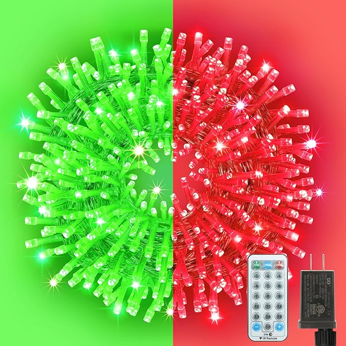 33ft Christmas Decorative Mini Lights, 100 LED Transparent Wire Fairy Starry String Lights Plug in, 16 Lighting Modes, for Indoor Outdoor Xmas Tree Wedding Party Decoration (Red+Green)