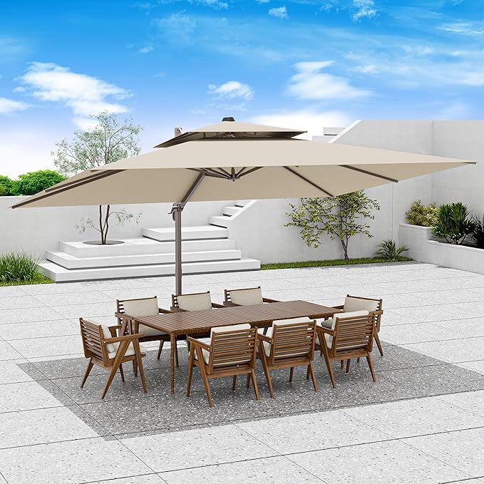 10x13 FT Patio Umbrella, Large Cantilever Rectangular Double Top Heavy Duty Offset Umbrellas with 360° Rotation, Outdoor shade for Garden Deck Pool Patio, Beige