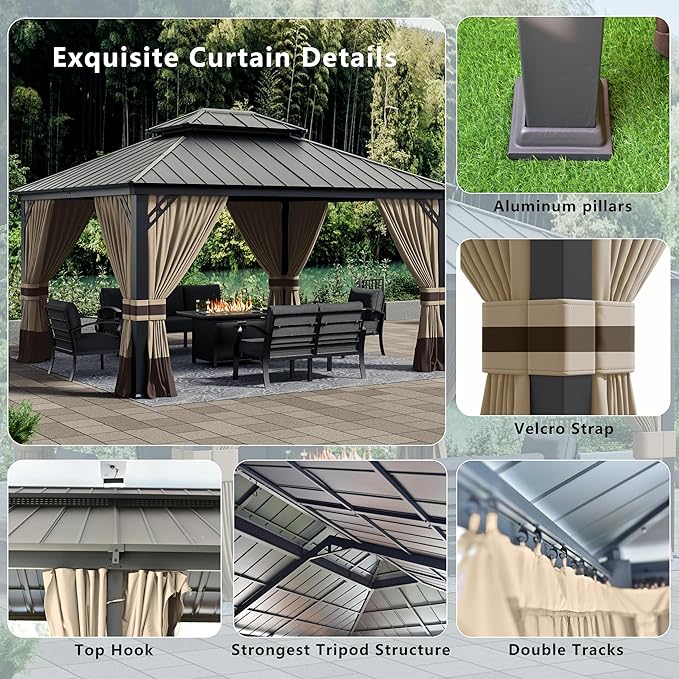 12x14ft Hardtop Gazebo Double Roof, Outdoor Pavilion with 2-Layer Hard top Galvanized Iron Frame Garden Tent, Suitable for courtyards, backyards, Decks, and Grass