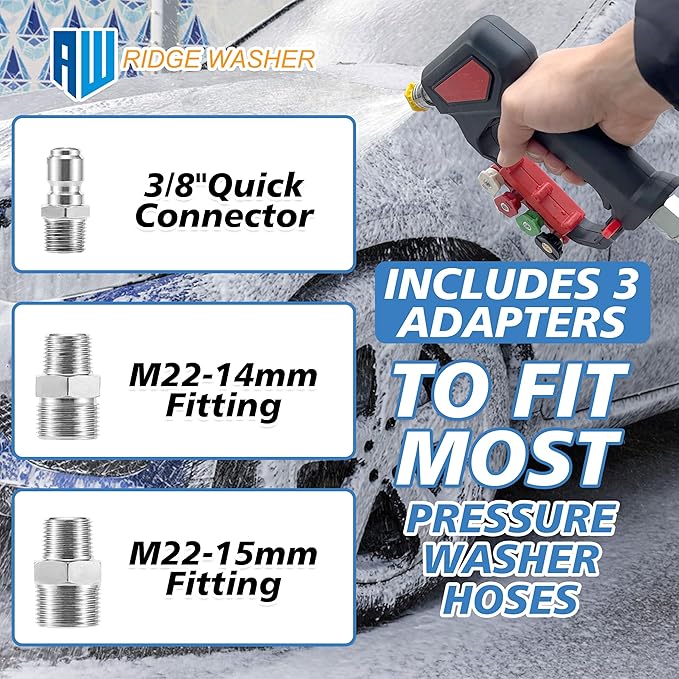 RIDGE WASHER Pressure Washer Gun 5000 PSI with Nozzle Bracket, 12 GPM, Power Washer Trigger Gun with 1/4" Quick Connector, 360° Swivel 3/8'' NPT Thread, M22-14 mm and M22-15 mm Fitting