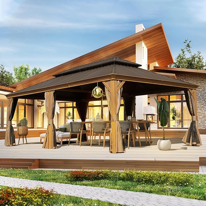 Domi 14' X 24' Hardtop Gazebo Outdoor Metal Gazebo Canopy with Galvanized Steel Double Roof, Wood Grain Aluminum Frame, Curtains and Netting for Patio, Deck, Garden