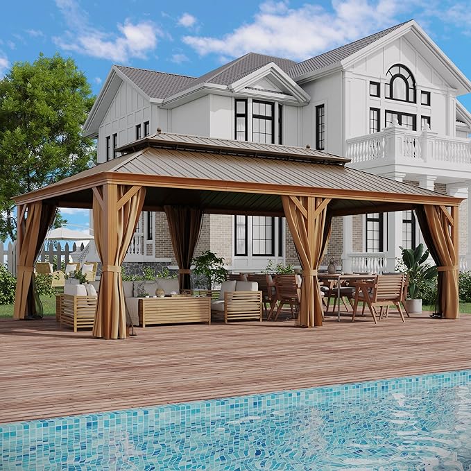 14'x22' Hardtop Gazebo, Outdoor Aluminum Galvanized Steel Wooden Finish Coated Double Roof Canopy with Netting and Curtains for Garden Patio, Backyard, Deck and Lawns.