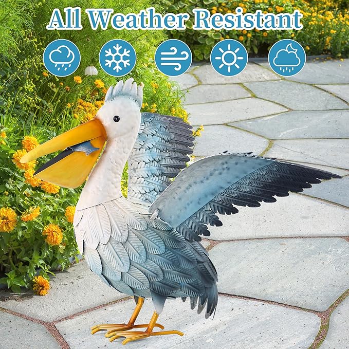 Metal Pelican Garden Statue Outdoor Decor, Metal Yard Art Decoration Coastal Bird Garden Decor Lawn Ornament for Porch Patio