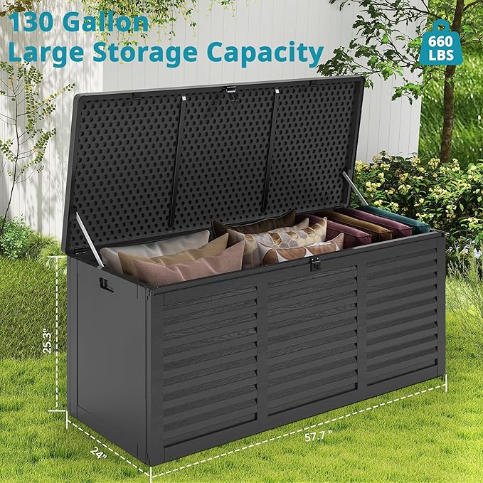 HUGROVE Resin Deck Box, 130 Gallon Outdoor Storage Box with Lockable Lid, Waterproof Patio Storage for Garden Tools & Outdoor Accessories (Dark Black) (Dark Black)