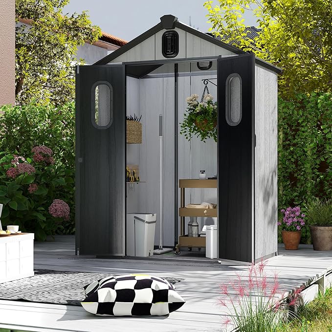 Domi 5×3ft Outdoor Resin Storage Shed - 95+ Cubic Ft Weatherproof Double-Wall Yard Shed with Skylight, Lockable Door and Carpet, Heavy-Duty Steel Frame Storage Building for Lawn Mower, Bike, Tools