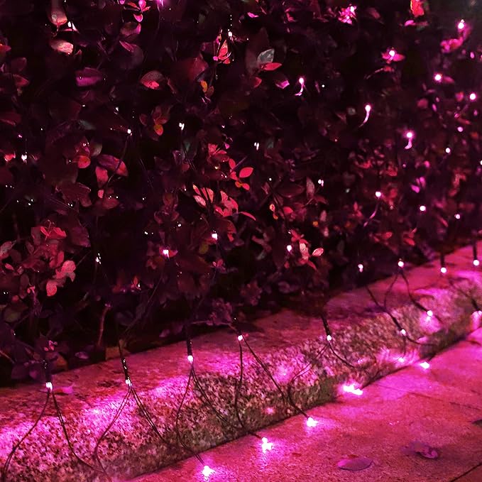 Solar Net Lights Outdoor Mesh Lights Christmas Decorations, 200LED String Tree Wrap Waterproof 19 Modes for Bushes, Fence,Garden, Shrubs,Trunk, Halloween,Xmas Decor (Pink, 9.8ft x 6.6ft)