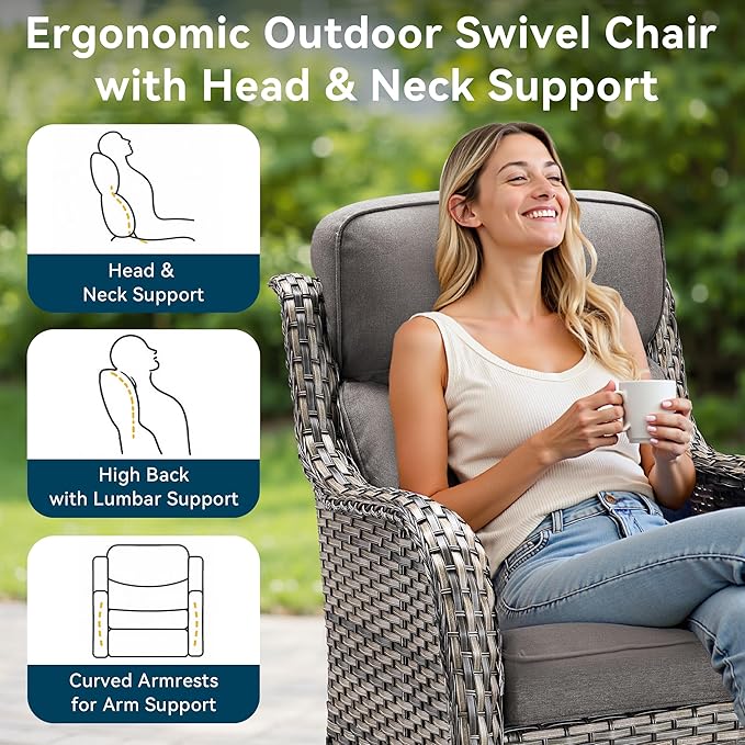 Luxury High Back Outdoor Furniture with 6-Inch Thick Cushions, Patio Furniture Set with Swivel Chairs, 5 PCS Wicker Conversation Set for Porch, Balcony, Deck and Yard