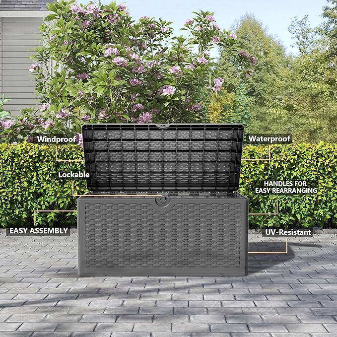 80 Gallon Plus Outdoor Storage Box Waterproof Lockable Resin Deck Box Large, Patio Storage Bin for Pool Accessories Cushion Furniture, Garden Tools, UV-Resistant Outside Delivery Black