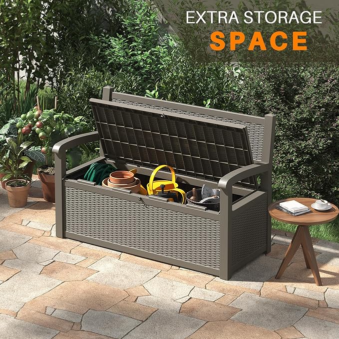 LHBcraft 70 Gallon Deck Bench with Storage,Outdoor Storage Box Bench Waterproof&Lockable, Resin Patio Furniture with Armrest for Patio, Porch, Garden,Grey