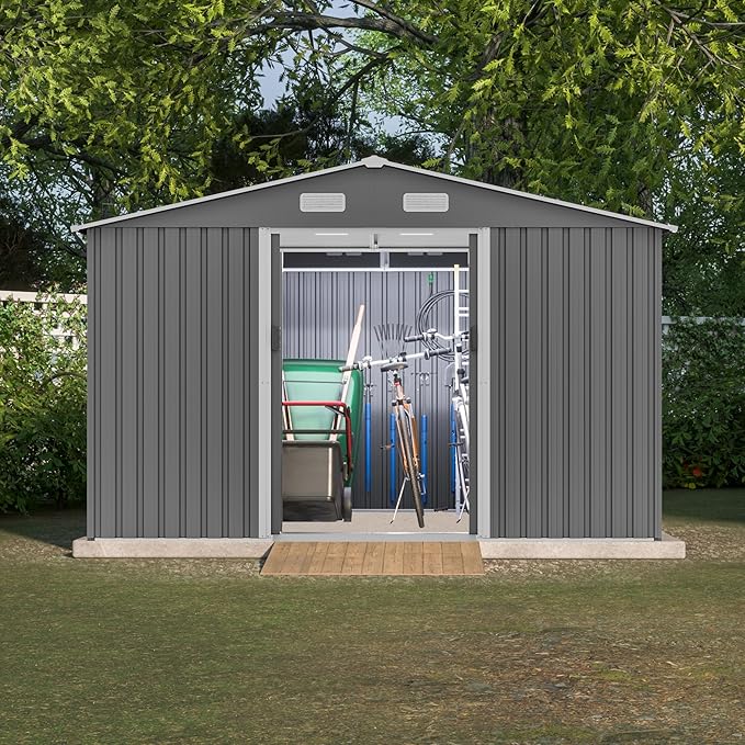 10X8 FT Outdoor Storage Shed, Lockable Doors, Tool Shed for Garden, Patio, Backyard, Lawn, Grey